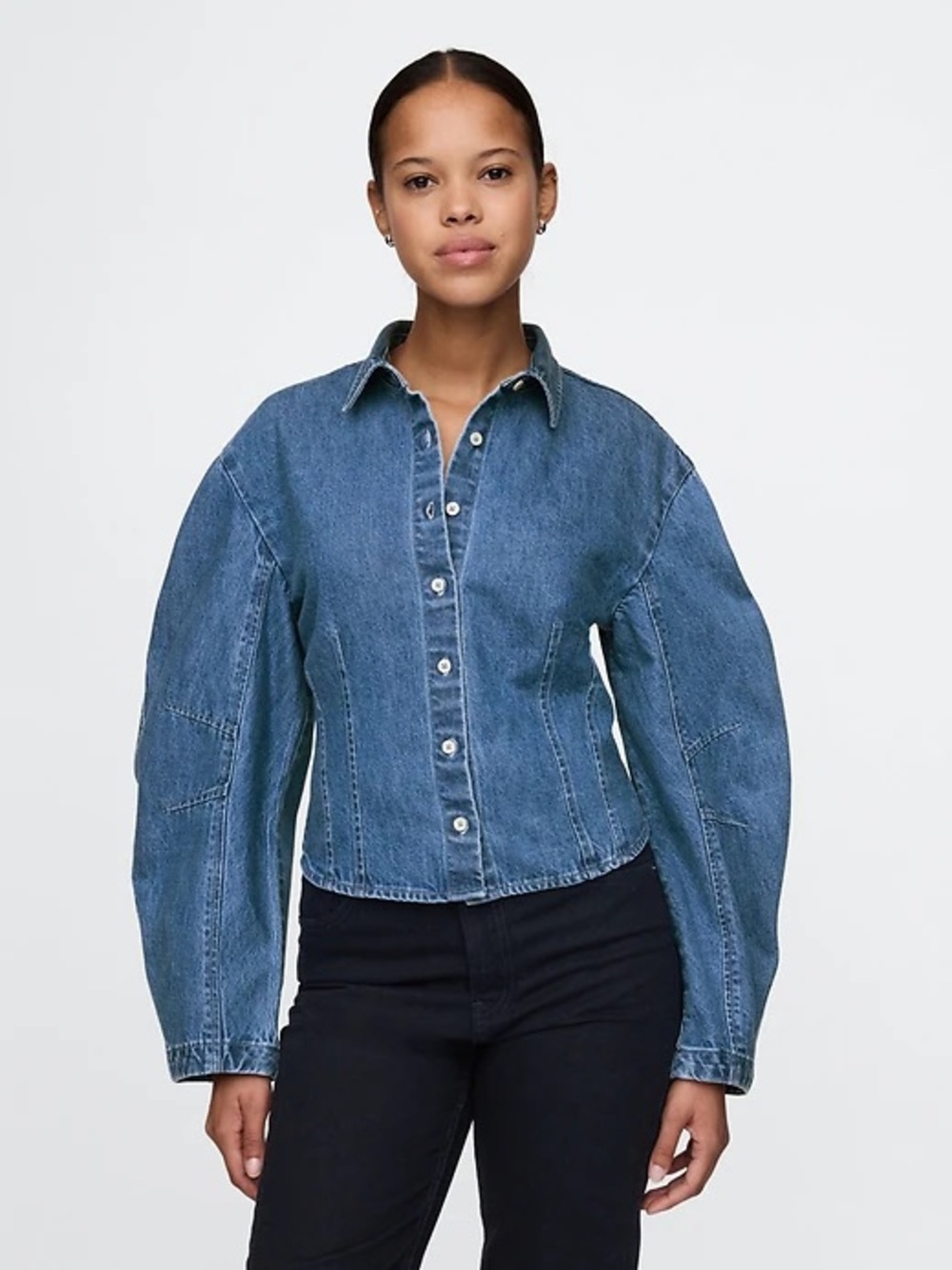 GAP Size S Barrel-Sleeve Denim Shirt 100% Cotton Medium Blue Wash